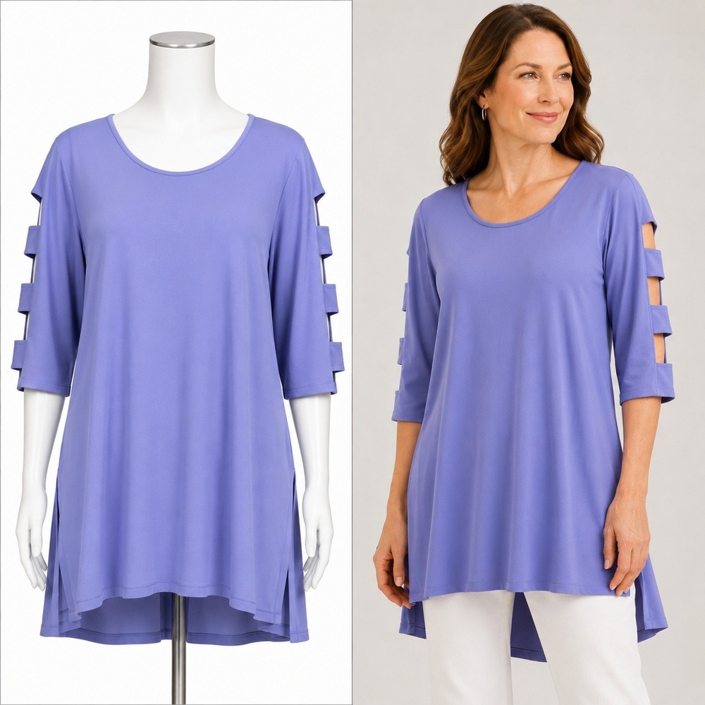Clara Sunwoo Tunic Top Womens L Purple Cold Shoulder 3/4 Sleeve Cut Out Slit Hem